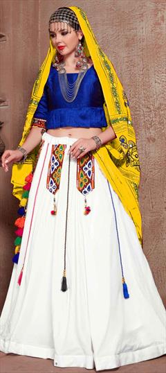Festive, Navratri, Traditional White and Off White, Yellow color Lehenga in Cotton fabric with A Line Embroidered, Resham, Thread work : 1741794