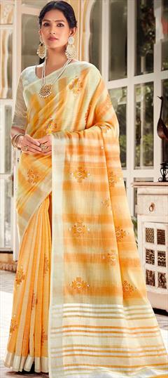 Casual, Traditional Yellow color Saree in Linen fabric with Bengali Printed work : 1741820