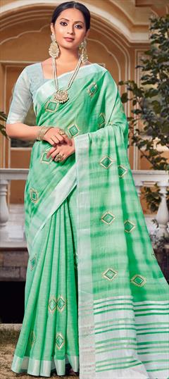 Traditional Green color Saree in Linen fabric with Bengali Printed work : 1741828