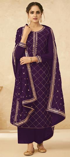 Festive, Party Wear Purple and Violet color Salwar Kameez in Georgette fabric with Palazzo, Straight Embroidered, Thread work : 1741983