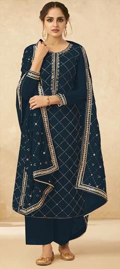 Festive, Party Wear Blue color Salwar Kameez in Georgette fabric with Palazzo, Straight Embroidered, Thread work : 1741984
