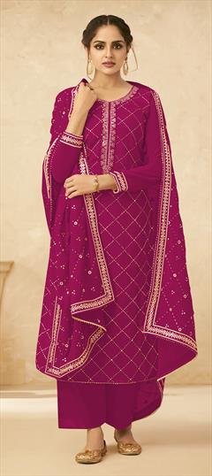 Festive, Party Wear Pink and Majenta color Salwar Kameez in Georgette fabric with Palazzo, Straight Embroidered, Thread work : 1741986