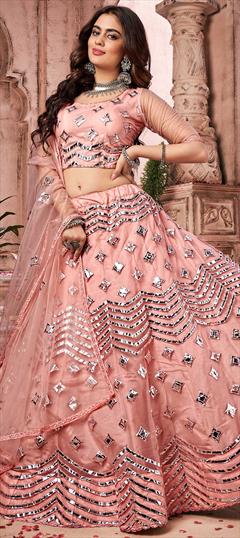Festive, Mehendi Sangeet, Wedding Pink and Majenta color Lehenga in Net fabric with A Line Mirror, Thread work : 1741988