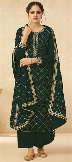 Festive, Party Wear Green color Salwar Kameez in Georgette fabric with Palazzo, Straight Embroidered, Thread work : 1741989