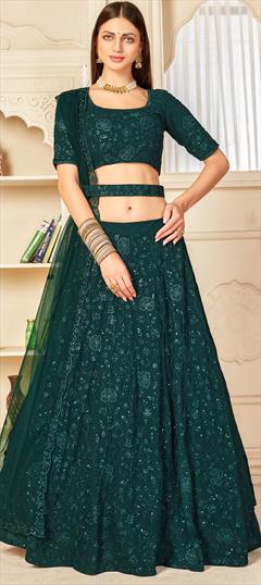 Festive, Party Wear Green color Lehenga in Georgette fabric with A Line Embroidered, Sequence, Thread work : 1742128