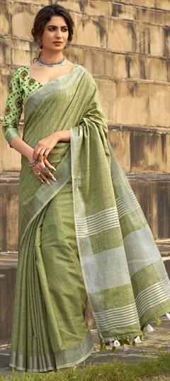 Casual, Traditional Green color Saree in Linen fabric with Bengali Printed work : 1742437
