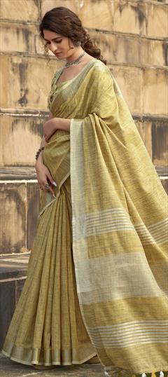 Casual, Traditional Gold color Saree in Linen fabric with Bengali Printed work : 1742441