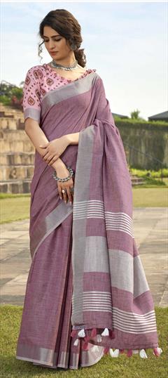 Casual, Traditional Pink and Majenta color Saree in Linen fabric with Bengali Printed work : 1742444