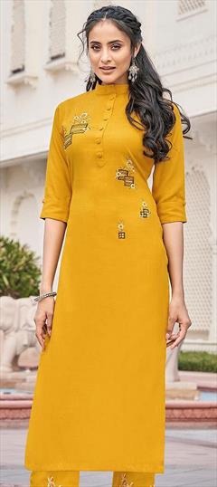 Casual Yellow color Kurti in Rayon fabric with Long Sleeve, Straight Embroidered work : 1742504