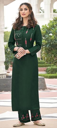 Casual Green color Kurti in Rayon fabric with Long Sleeve, Straight Embroidered work : 1742505