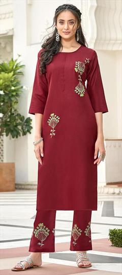 Casual Red and Maroon color Kurti in Rayon fabric with Long Sleeve, Straight Embroidered work : 1742506