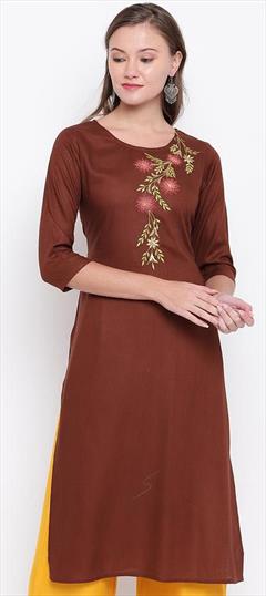 Casual Beige and Brown color Kurti in Rayon fabric with Long Sleeve, Straight Embroidered work : 1742512
