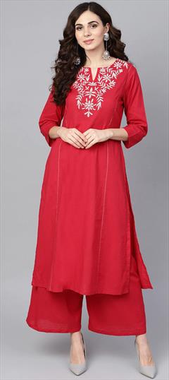 Party Wear Red and Maroon color Tunic with Bottom in Rayon fabric with Embroidered, Thread work : 1742578