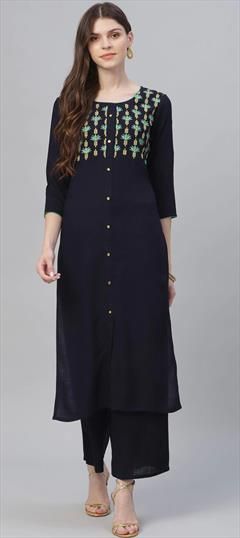 Party Wear Blue color Tunic with Bottom in Rayon fabric with Embroidered, Thread work : 1742591