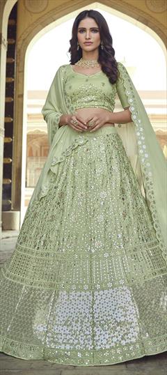 Bridal, Wedding Green color Lehenga in Georgette fabric with A Line Sequence, Thread work : 1742618