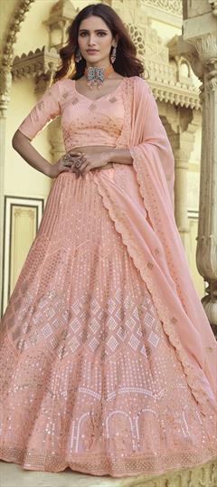 Bridal, Wedding Pink and Majenta color Lehenga in Georgette fabric with A Line Sequence, Thread work : 1742626