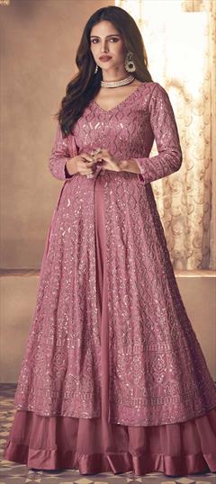 Engagement, Festive, Wedding Pink and Majenta color Long Lehenga Choli in Georgette fabric with Embroidered, Resham, Sequence, Thread work : 1742716