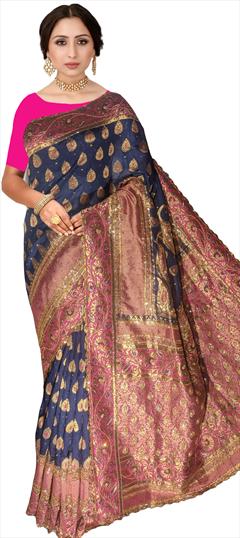Bridal, Traditional, Wedding Blue, Pink and Majenta color Saree in Kanchipuram Silk, Silk fabric with South Stone, Weaving work : 1742793