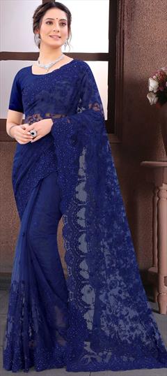 Festive, Party Wear Blue color Saree in Net fabric with Classic Embroidered, Resham, Stone, Thread work : 1742814