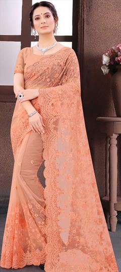 Bridal, Traditional, Wedding Pink and Majenta color Saree in Net fabric with Classic Embroidered, Resham, Stone, Thread work : 1742821