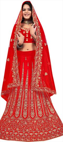 Bridal, Wedding Red and Maroon color Lehenga in Velvet fabric with A Line Embroidered, Stone, Thread, Zari work : 1742978