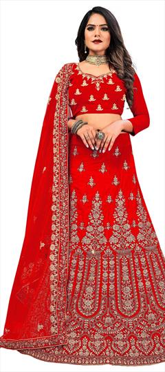 Bridal, Wedding Red and Maroon color Lehenga in Velvet fabric with A Line Embroidered, Stone, Thread, Zari work : 1742982