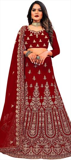Bridal, Wedding Red and Maroon color Lehenga in Velvet fabric with A Line Embroidered, Stone, Thread, Zari work : 1742984