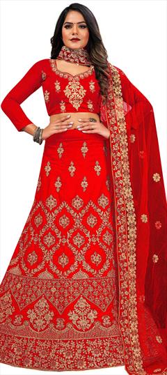 Bridal, Wedding Red and Maroon color Lehenga in Velvet fabric with A Line Embroidered, Stone, Thread, Zari work : 1742985