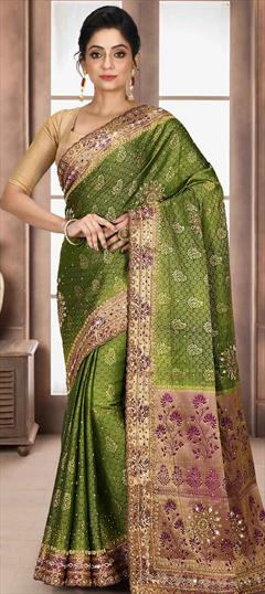 Traditional, Wedding Green color Saree in Kanchipuram Silk, Silk fabric with South Mirror, Stone, Weaving work : 1743050