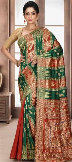 Traditional, Wedding Green, Red and Maroon color Saree in Kanchipuram Silk, Silk fabric with South Stone, Weaving work : 1743053