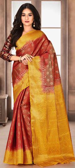 Traditional, Wedding Red and Maroon, Yellow color Saree in Kanchipuram Silk, Silk fabric with South Weaving work : 1743055