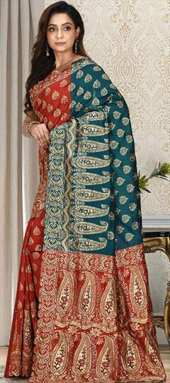 Traditional, Wedding Blue, Red and Maroon color Saree in Kanchipuram Silk, Silk fabric with South Stone, Thread work : 1743101