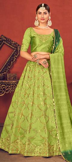 Party Wear, Wedding Green color Lehenga in Art Silk fabric with A Line Embroidered, Sequence, Thread work : 1743306