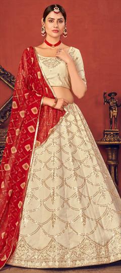 Party Wear, Wedding Beige and Brown color Lehenga in Art Silk fabric with A Line Embroidered, Sequence, Thread work : 1743307