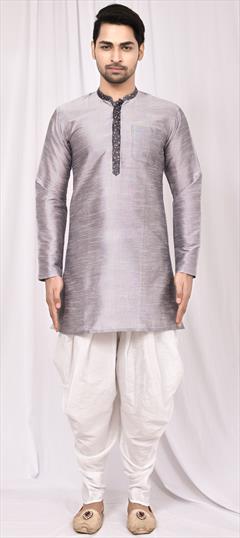 Black and Grey color Dhoti Kurta in Art Silk, Silk fabric with Thread work : 1743433