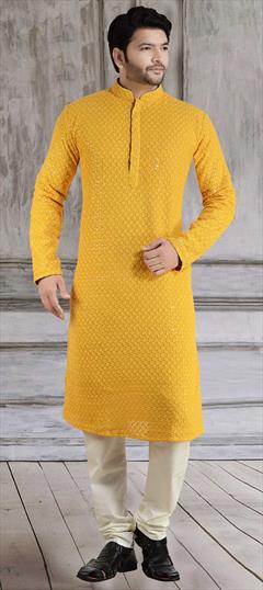 Yellow color Kurta Pyjamas in Georgette fabric with Embroidered, Sequence, Thread work : 1744030