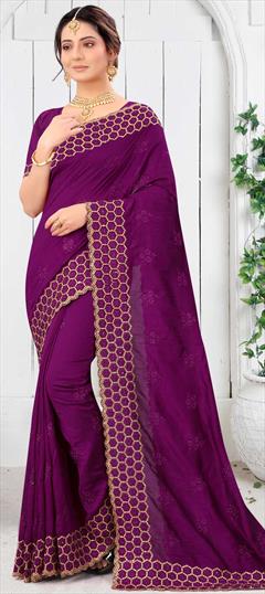 Traditional Purple and Violet color Saree in Art Silk, Silk fabric with South Embroidered, Resham, Stone, Thread work : 1744041