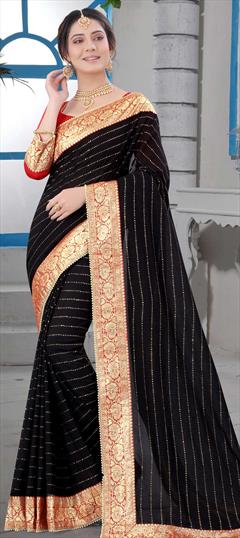 Traditional Black and Grey color Saree in Art Silk, Silk fabric with South Border work : 1744048