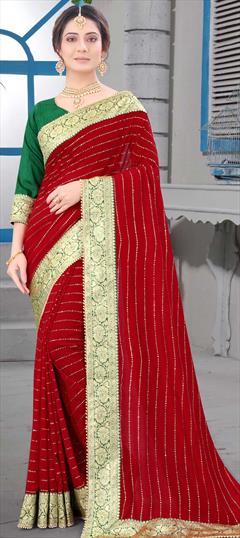 Traditional Red and Maroon color Saree in Art Silk, Silk fabric with South Border work : 1744050