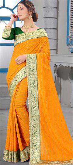 Traditional Yellow color Saree in Art Silk, Silk fabric with South Border work : 1744058