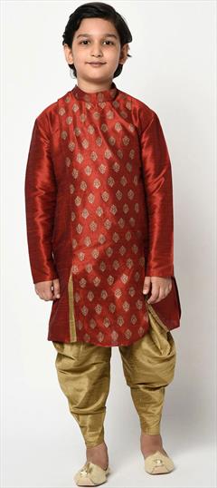 Red and Maroon color Boys Dhoti Kurta in Dupion Silk fabric with Thread work : 1744092