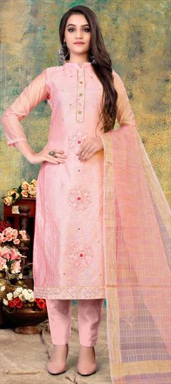 Party Wear Pink and Majenta color Salwar Kameez in Cotton fabric with Straight Embroidered, Resham, Thread work : 1744240