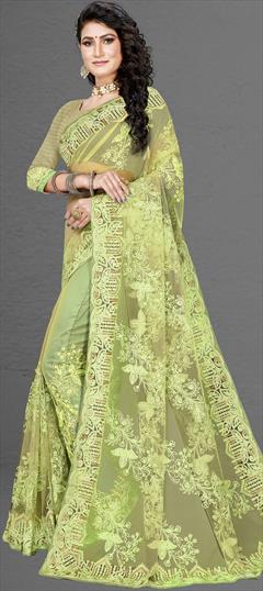Festive, Party Wear Green color Saree in Net fabric with Classic Embroidered, Stone, Thread work : 1744361