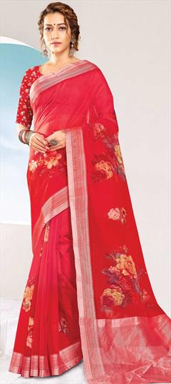 Traditional Red and Maroon color Saree in Organza Silk, Silk fabric with South Printed work : 1744381