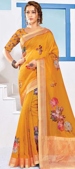 Traditional Yellow color Saree in Organza Silk, Silk fabric with South Printed work : 1744382