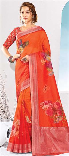 Traditional Orange color Saree in Organza Silk, Silk fabric with South Printed work : 1744383