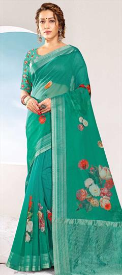 Traditional Green color Saree in Organza Silk, Silk fabric with South Printed work : 1744384