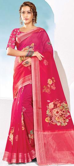 Traditional Pink and Majenta color Saree in Organza Silk, Silk fabric with South Printed work : 1744385