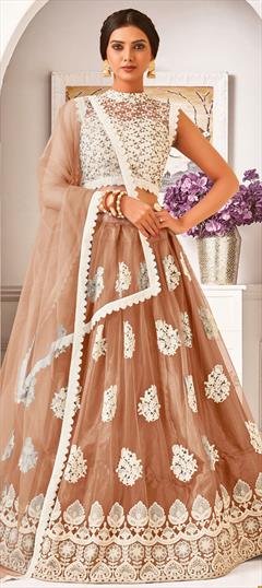 Festive, Party Wear Beige and Brown color Lehenga in Net fabric with A Line Embroidered, Resham, Sequence, Thread work : 1744390