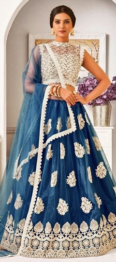 Festive, Party Wear Blue color Lehenga in Net fabric with A Line Embroidered, Resham, Sequence, Thread work : 1744391